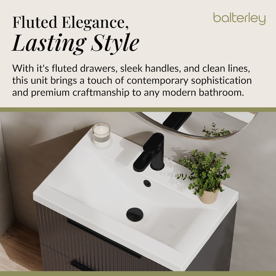 image 1 of Balterley Fluted Front Wall Hung 2-Drawer Bathroom Vanity Unit with 1 Tap Hole Basin, Handles | Grey | Soft Black