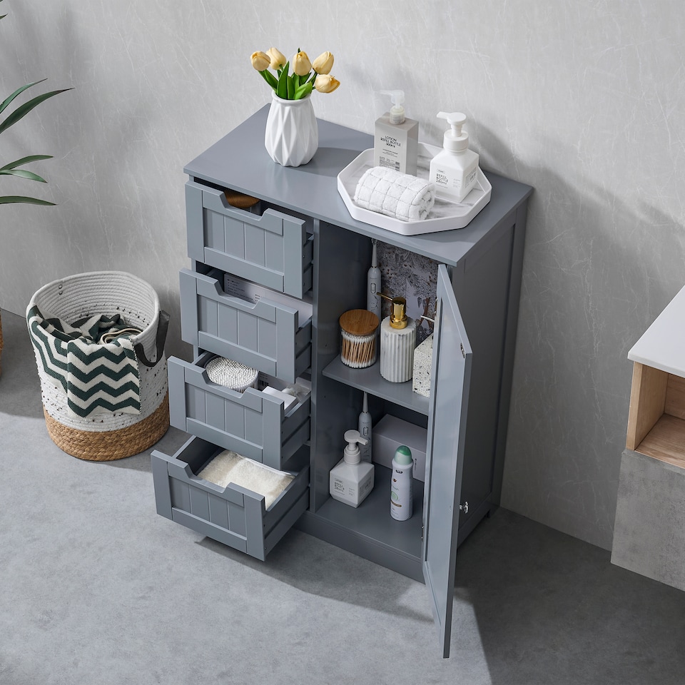 image 1 of Bath Vida Priano 4 Drawer 1 Door Freestanding Bathroom Storage Cabinet, Grey