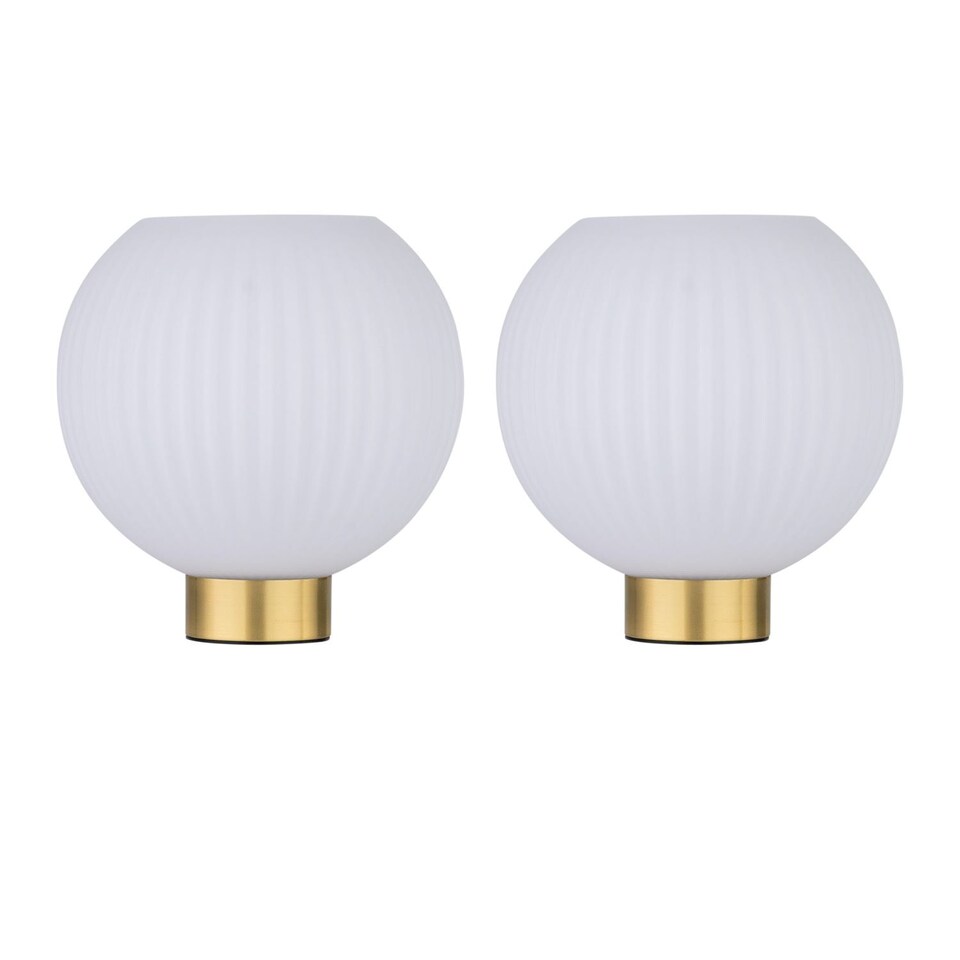 image 1 of Set of 2 Betchley - Battery Operated Satin Brass Lamp with White Glass | Gold | White | Medium | 2