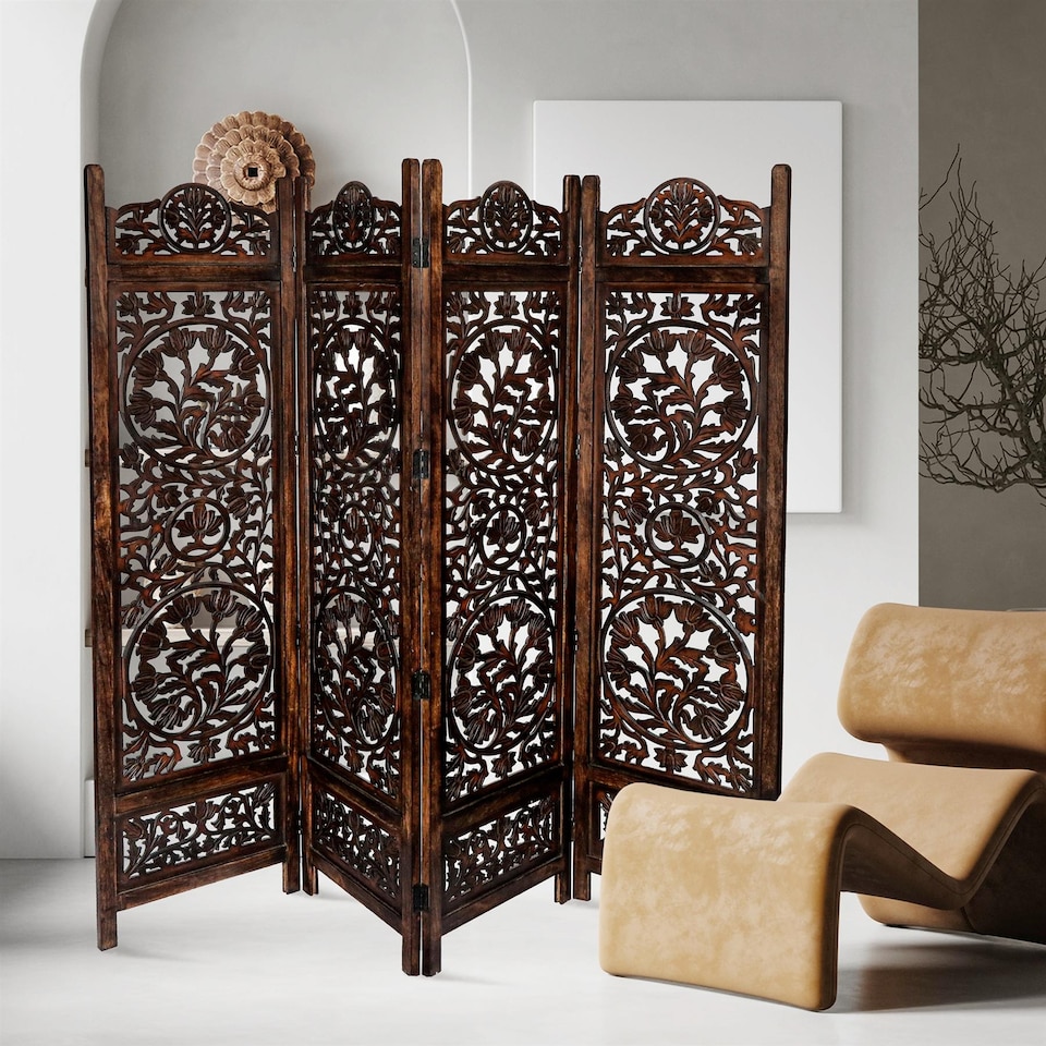 image 1 of 4 Panel Heavy Duty Carved  Screen Wooden Lotus Design Room Divider Dark Brown 200 x 180 cm | Brown | Dark Brown | 200 x 180 cm