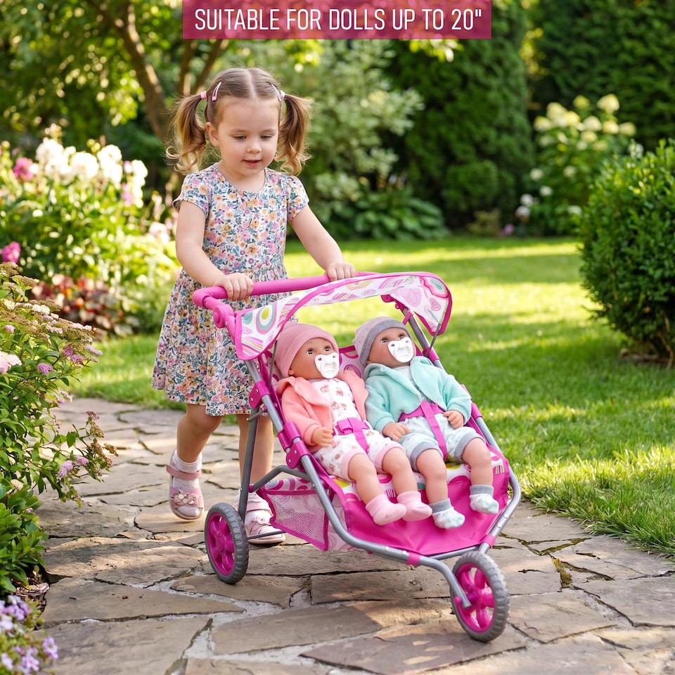 image 1 of BiBi Doll 3 Wheeler Twin Dolls Pink Pushchair Toy with Canopy & Basket For Up To 20" Dolls