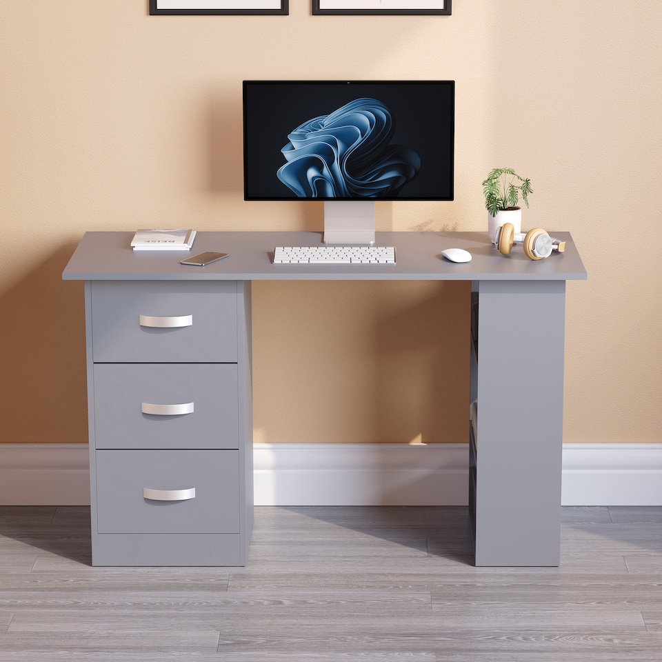 image 1 of Vida Designs Mason 3 Drawer 3 Shelf Computer Desk Home Office Workstation, Grey