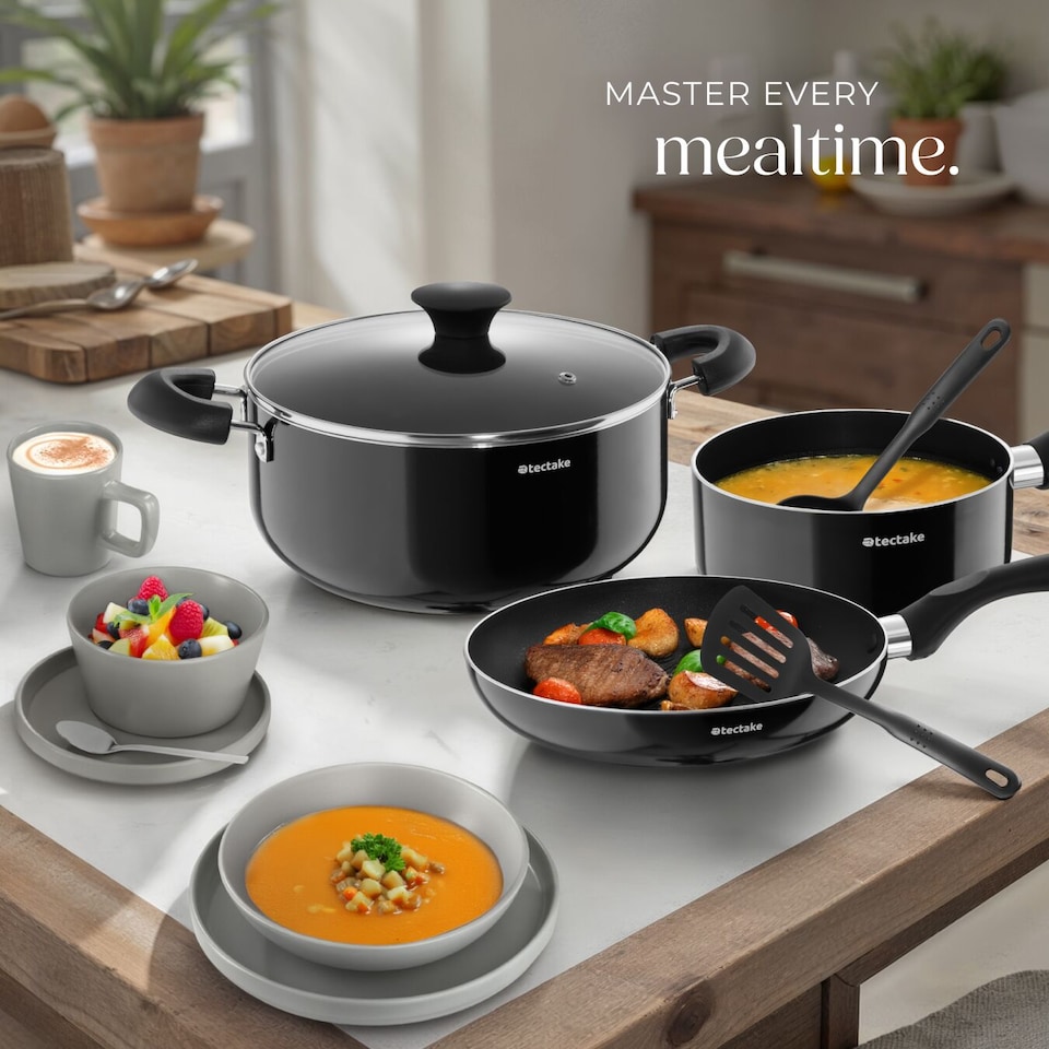 image 1 of Dinnerware Set for 6 People with Plates, Bowls, Utensils, Pots and Pans | Grey | grey/black | 45 pc | 1