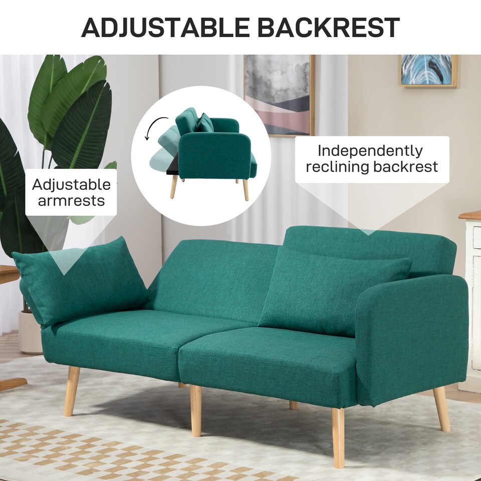 image 1 of HOMCOM Click Clack Sofa Bed, 3 Seater Sofa, Convertible Bed Settee, Modern Fabric Loveseat Sofa Couch with 2 Cushions for Living Room, Guest Room, Green