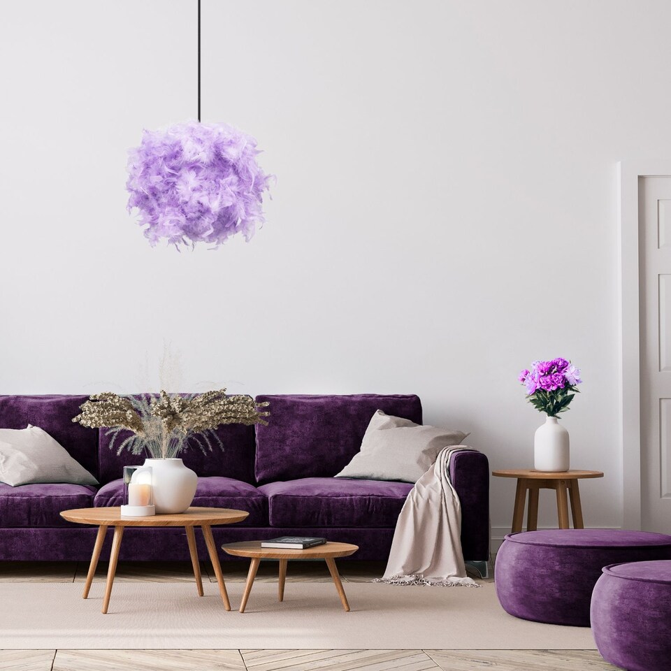 image 1 of Contemporary and Unique Large Lilac Real Feather Decorated Pendant Light Shade | Purple | Lilac | 1