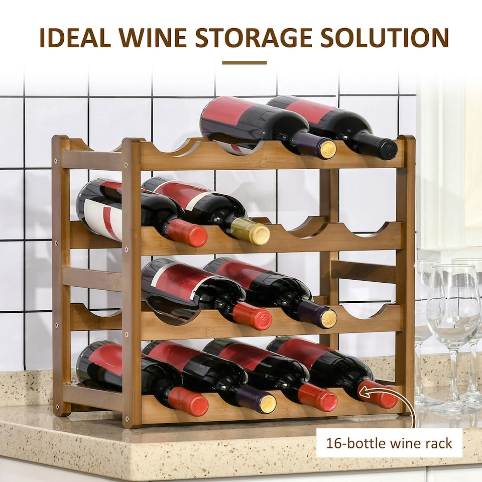 image 1 of HOMCOM Free Standing Wine Rack 16 Bottle Holders, Bamboo Display Shelf