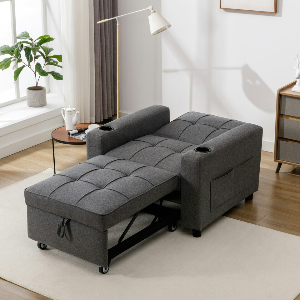 image 1 of Hudson 1-Seater Sofa Bed Linen Fabric with Cup Holders (Grey)