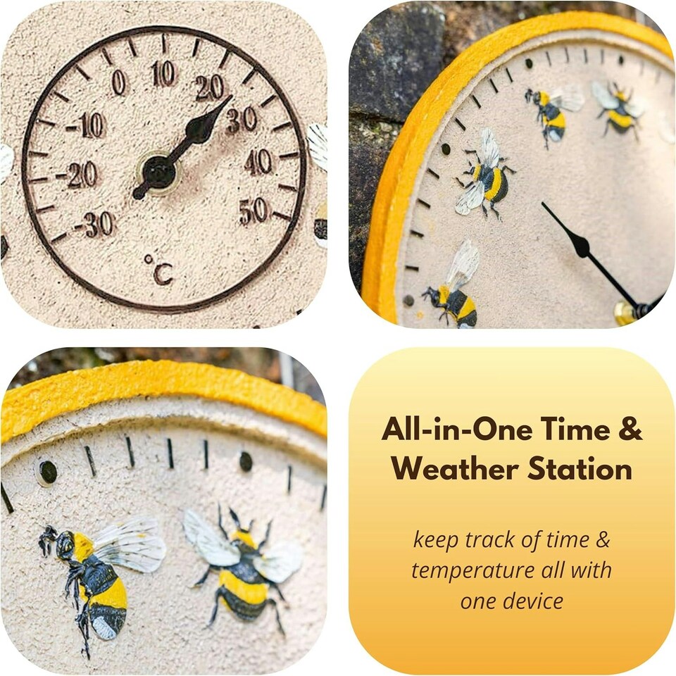 image 1 of Marco Paul 30cm Bee Outdoor Clock and Thermometer Yellow
