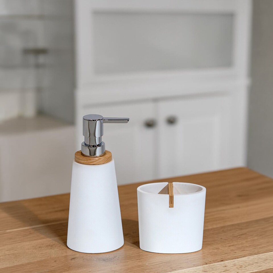 image 1 of Showerdrape Sonata White Bathroom Accessory Set - Soap Dispenser & Toothbrush Holder | White | White | 1