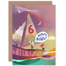 Child Pirate Ship Nautical Cartoon Age 6 Year Old Kids 6th Birthday Card