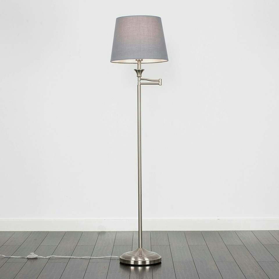 image 1 of ValueLights Adjustable Swing Arm Floor Lamp In Brushed Chrome Finish With Grey Light Shade Grey