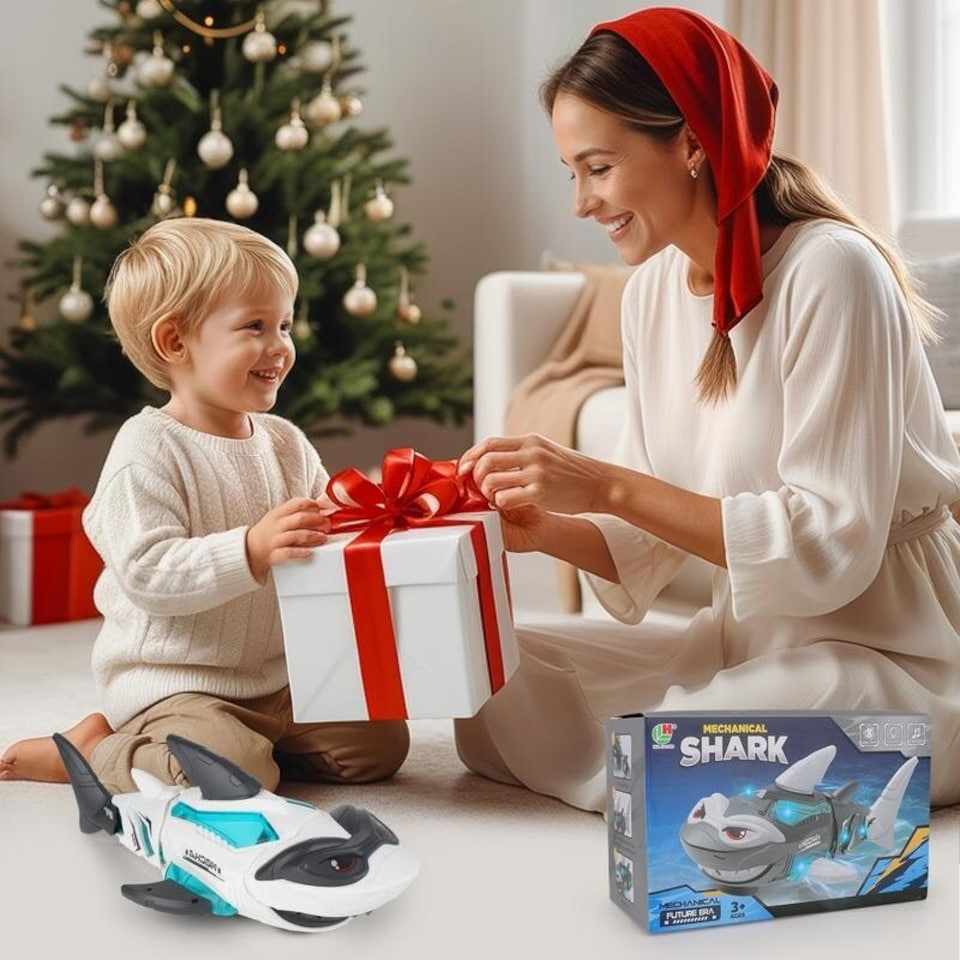 image 1 of Electric Crawling Shark Toy for Toddlers with Lights, Music, and Obstacle Avoidance