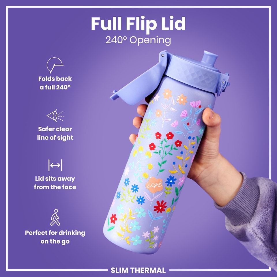 image 1 of Leak Proof Slim Water Bottle, Vacuum Insulated, 500ml (17oz) | Purple | Delicate Floral | One Size