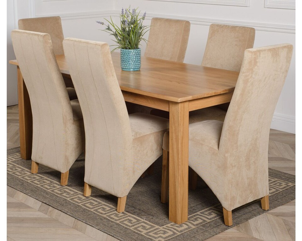 image 1 of Oslo 180 x 90 cm Large Oak Dining Table and 6 Lola Fabric Chairs | Brown | Beige