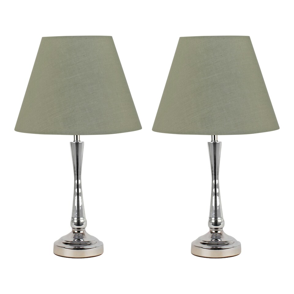 image 1 of Set of 2 Chrome Table Lamps with Stem Detail and Sage Green Shades Chrome | Green