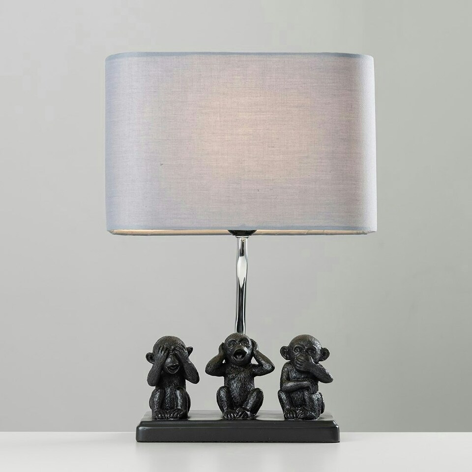 image 1 of ValueLights Pair Of Monkey Animal Quirky Modern Black Table Lamps With Grey Shades