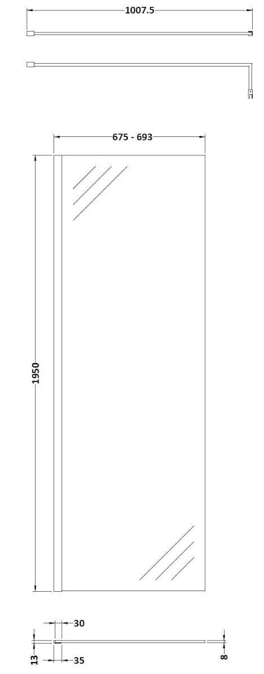 image 1 of Balterley Blymhill Contemporary Bathroom 8mm Glass Profile Wetroom Screen with Support Bar, Brushed Brass, 1950 x 700 x 14mm