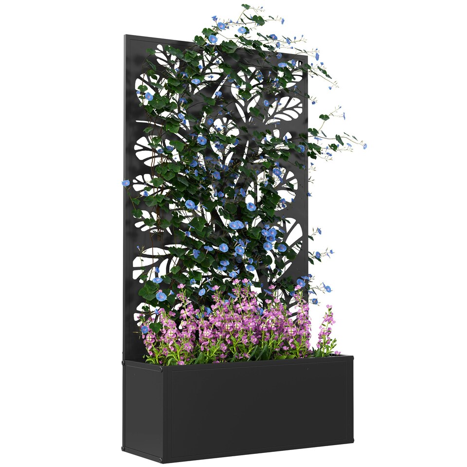 image 1 of Outsunny Metal Raised Garden Bed with Trellis, Elevated Planter Box Black