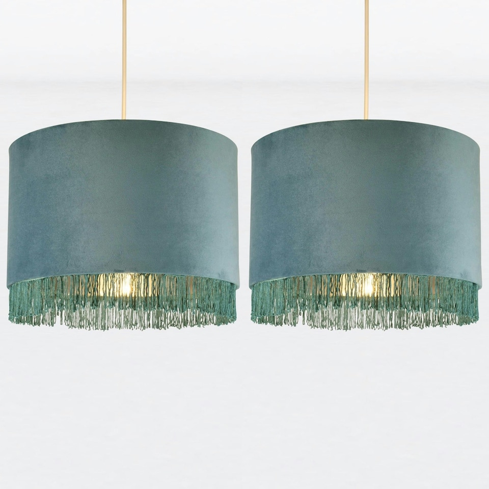 image 1 of First Choice Lighting Set of 2 Teal Velvet With Chrome Inner Tassled Light Shades Green | Chrome