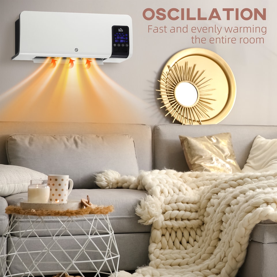 image 1 of HOMCOM Electric Heater, 2000W Wall Mounted Ceramic Space Heater with Remote Control, 2 Modes, Timer, Oscillation, Overheat Protection for Home, White