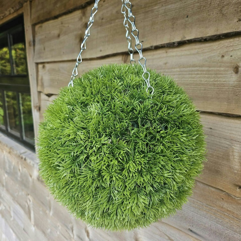 Best Artificial 28cm Green  Grass Moss Hanging Basket Topiary Ball - Suitable for Outdoor Use - Weather & Fade Resistant