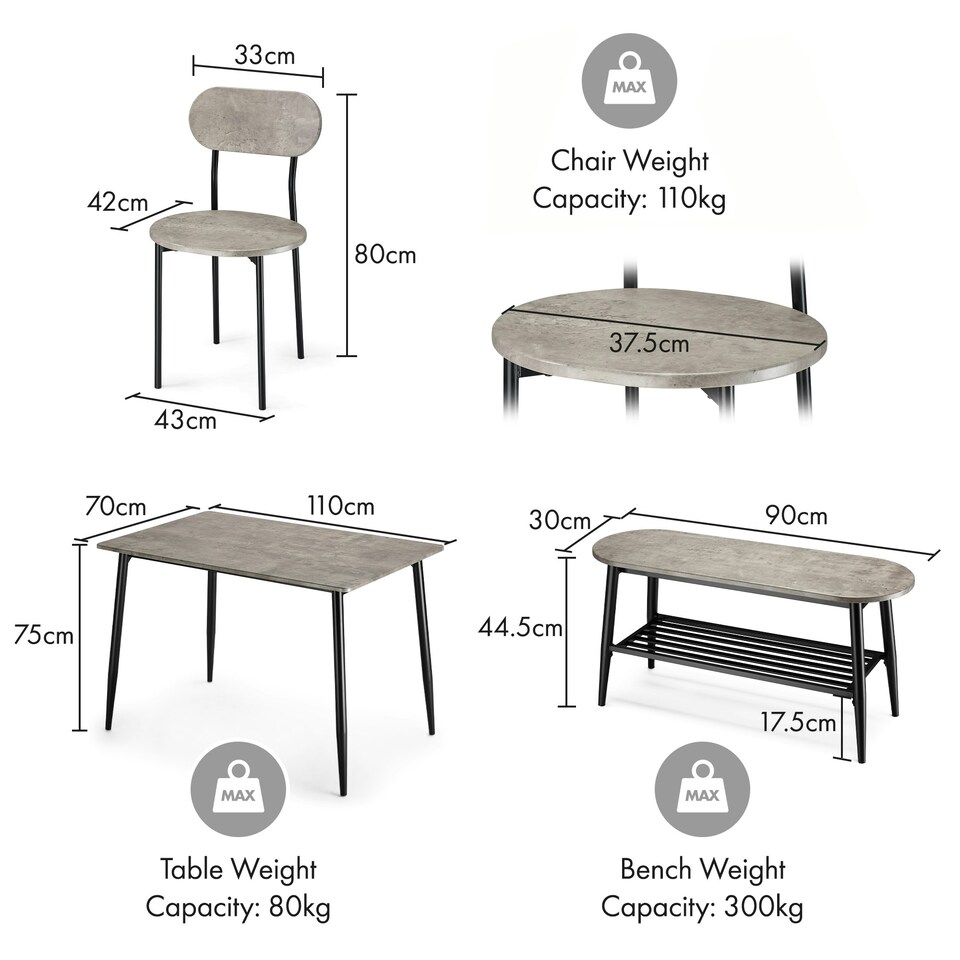 image 1 of VonHaus Murray 4 Seater Dining Table and Chairs Set Grey | Black