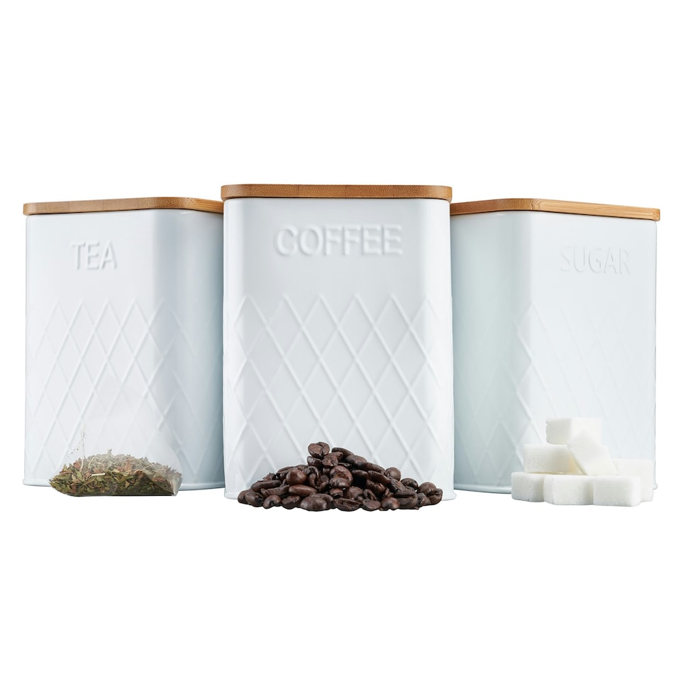 image 1 of Cooks Professional Kitchen Storage Set | 3-Piece Square with Bamboo Lids | Tea Coffee Sugar | White