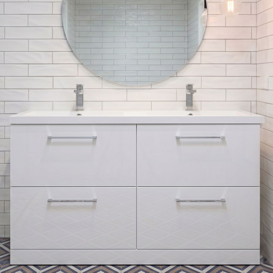 image 1 of Balterley Level Floor Standing 4 Drawer Vanity Unit with Double Basin, Handles & Overflow for Bathroom Storage | White | Gloss White | 840 x 1205 x 383mm
