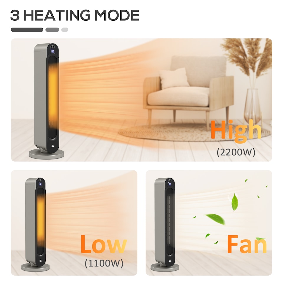 image 1 of HOMCOM 30 Inch Electric Heater with Fan, 2200W Ceramic Tower Heater with Remote Control, 45 Oscillation 12-Hour Timer, Energy Efficient, Overheat Tip Over Protection for Home, Silver Tone
