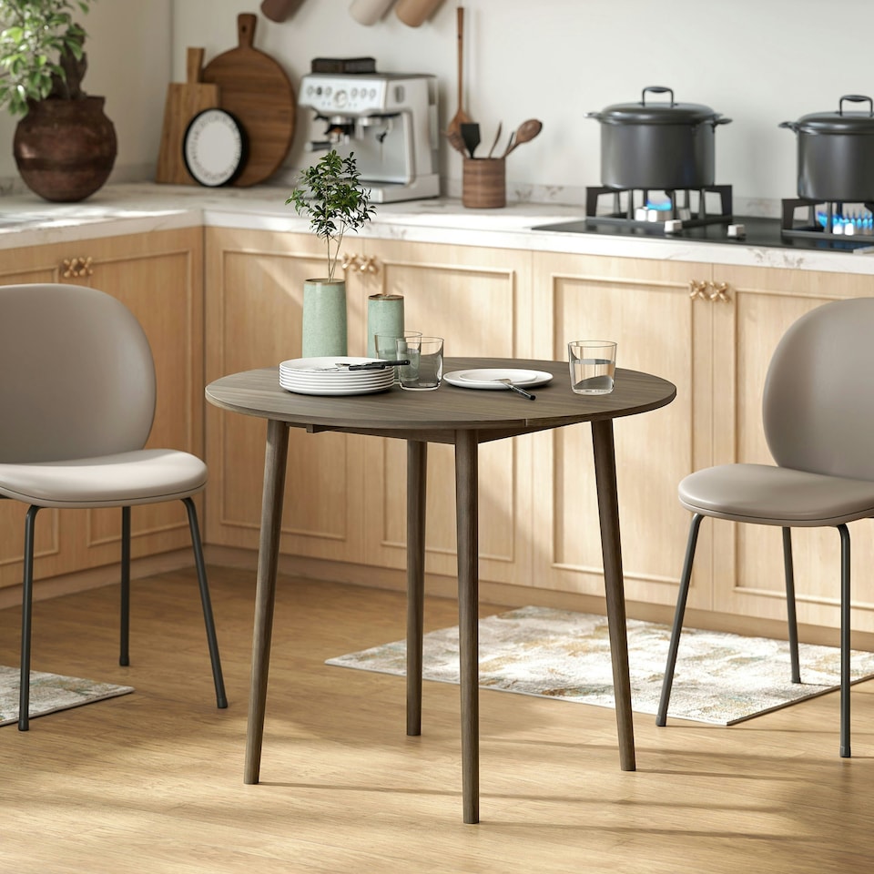 image 1 of HOMCOM Foldable Dining Table, Round Drop Leaf Table, Wood Legs, Grey