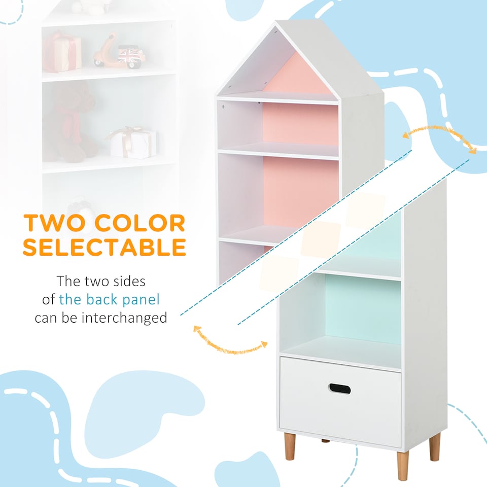 image 1 of HOMCOM Kids Children Wooden Bookcase w/Drawer Bedroom Furniture Bookshelf Storage Rack Display Unit Toys Games Organisation Cabinet Pink Blue Back Panel 50 x 30 x 142 cm
