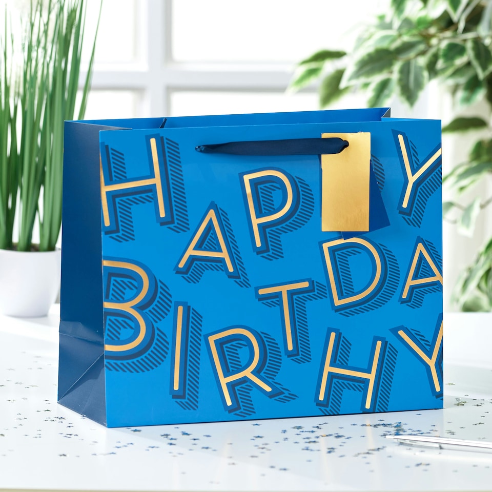 image 1 of Blue Happy Birthday Text Large Gift Bag - Pack of 3