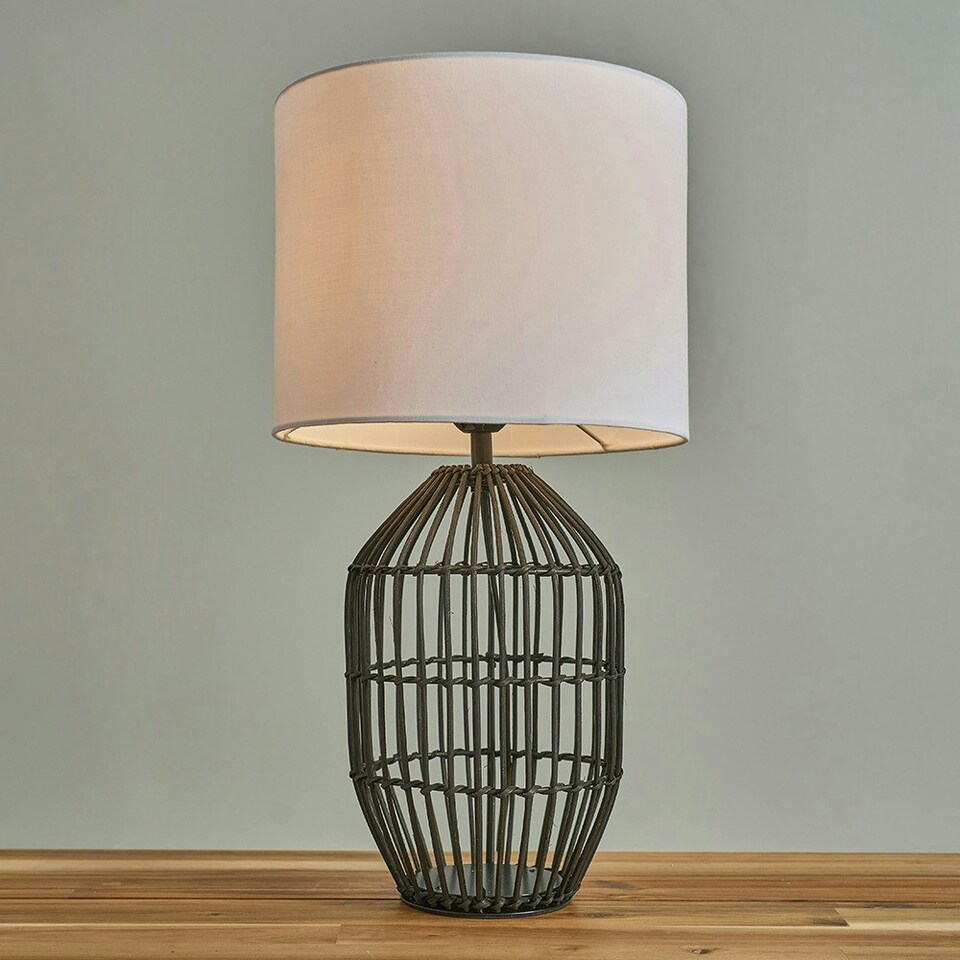 image 1 of ValueLights Contemporary Small Matt Black Rattan Cylinder Table Lamp with a White Cylinder Shade - Complete with a 6w LED GLS Bulb 3000K Warm White