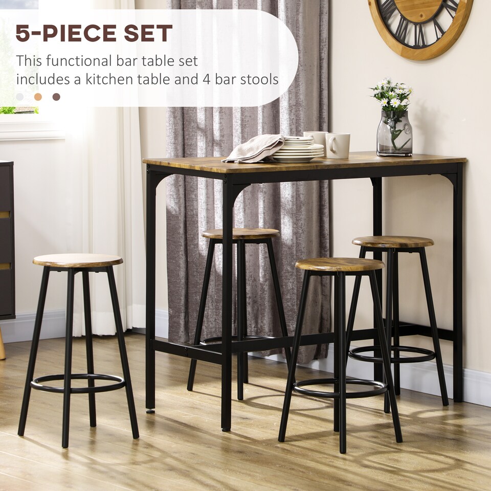 image 1 of HOMCOM 5 Piece Bar Table and Stools Set with Metal Frame Rustic Brown | Brown