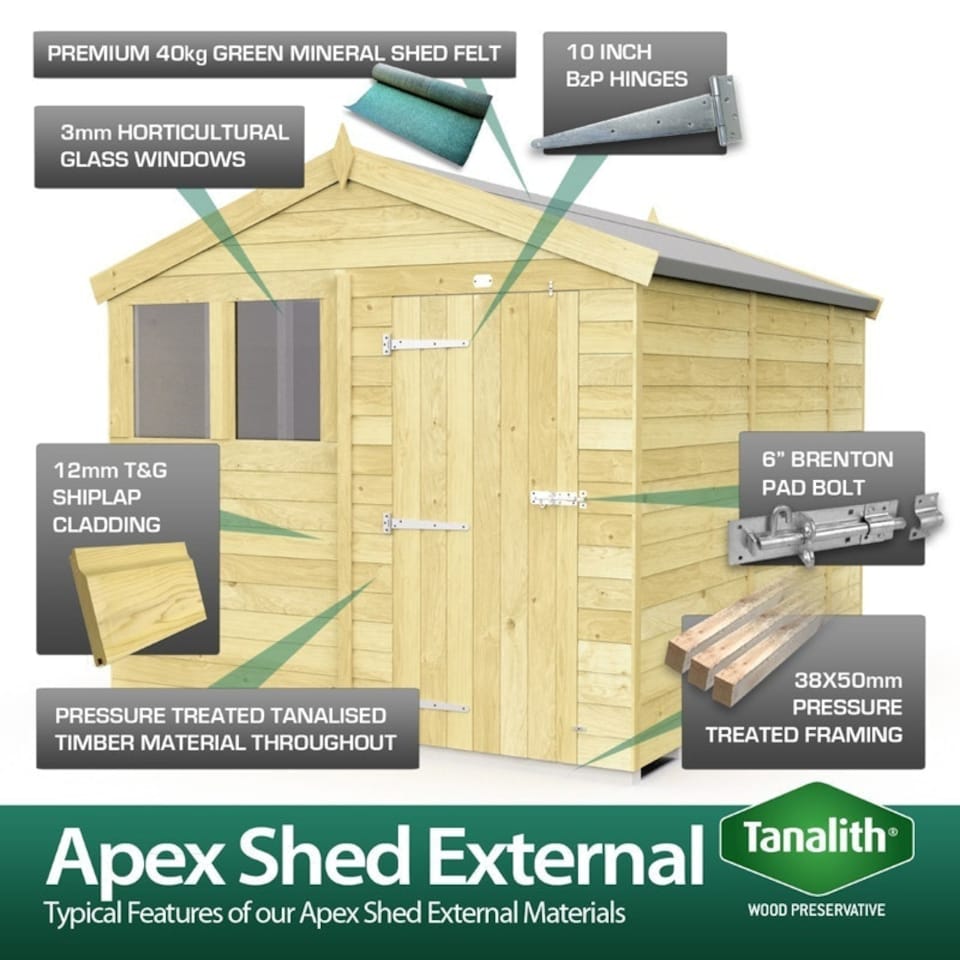 image 1 of 8 x 20 Feet Apex Shed - Double Door With Windows - Wood - L592 x W231 x H217 cm | Brown