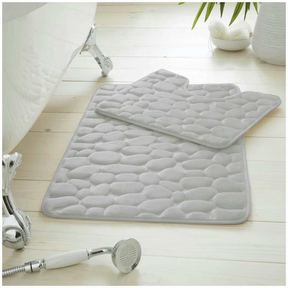 image 1 of VELVETIO 2Pc Pebble Bath Mat Set Memory Foam Bathroom Toilet Rugs Silver