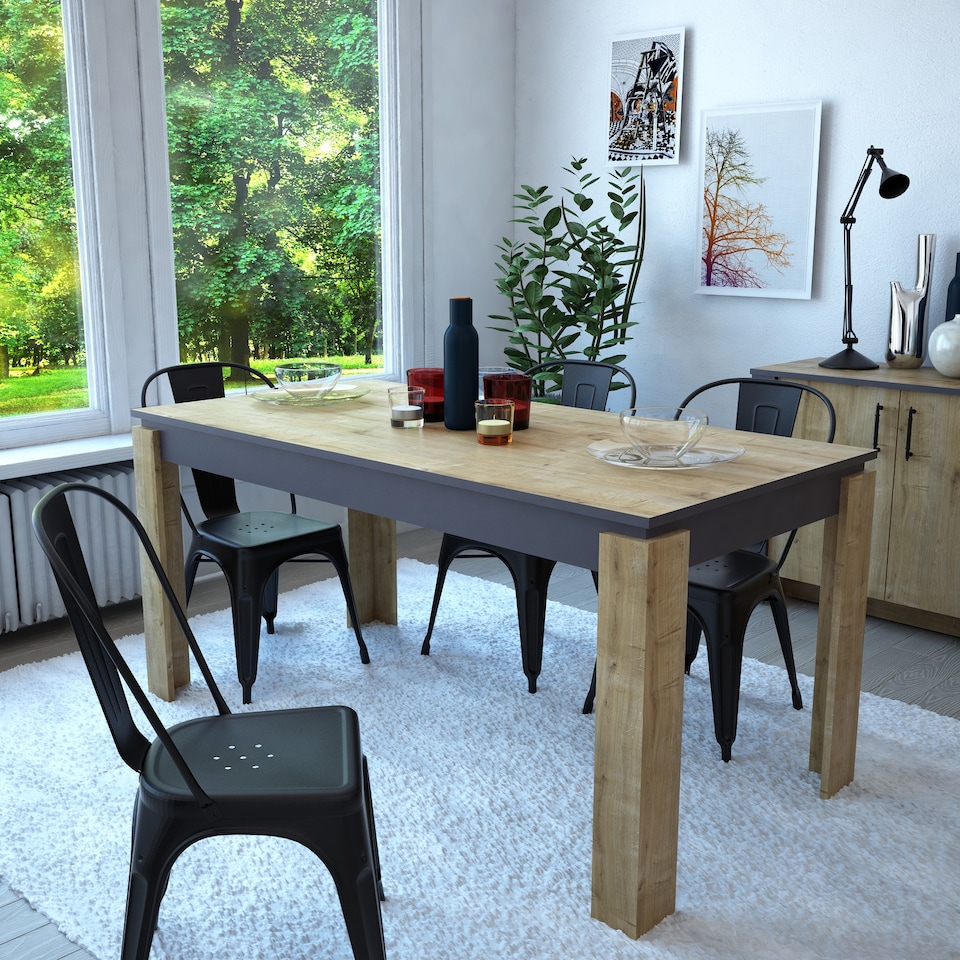 image 1 of Decorotika Manhattan Rectangular Dining Table for 6 - 80 cm H x 160 cm W x 80 cm D | Multi | Oak and Grey | 1