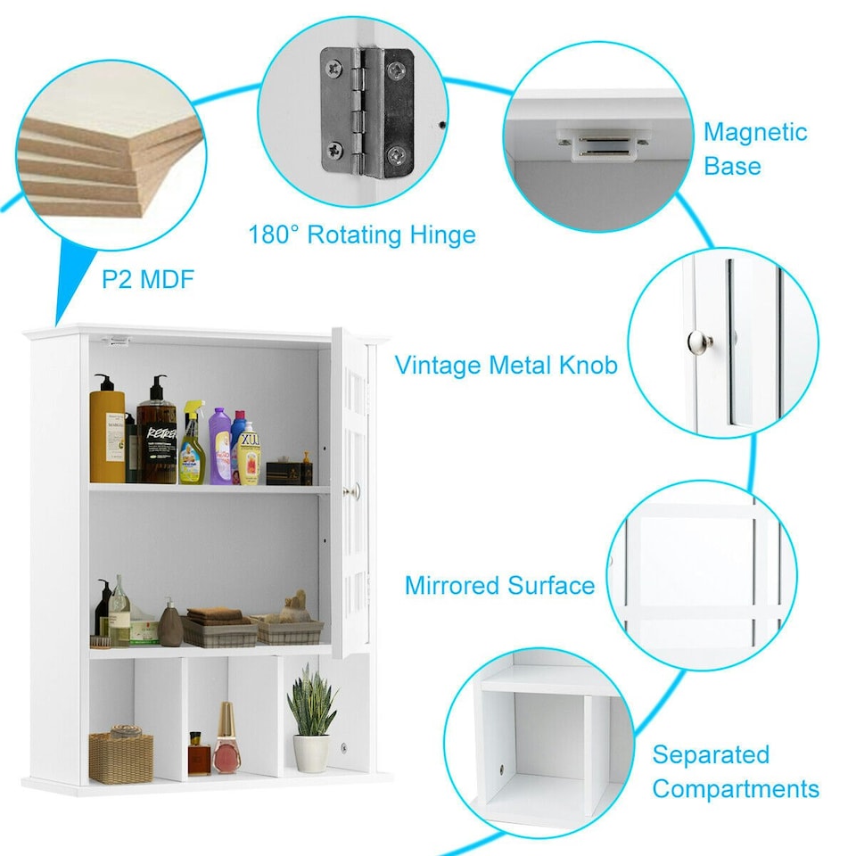 image 1 of COSTWAY Bathroom Wall Storage Cabinet Medicine Organizer White White