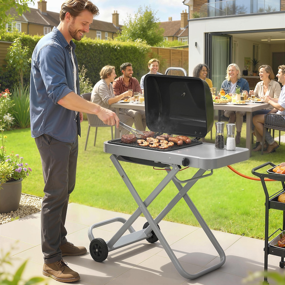 image 1 of Outsunny Foldable Gas BBQ Barbecue Grill with Side Table, 2.5 kW, Black | Black | Black | 109 x 55 x 89 cm