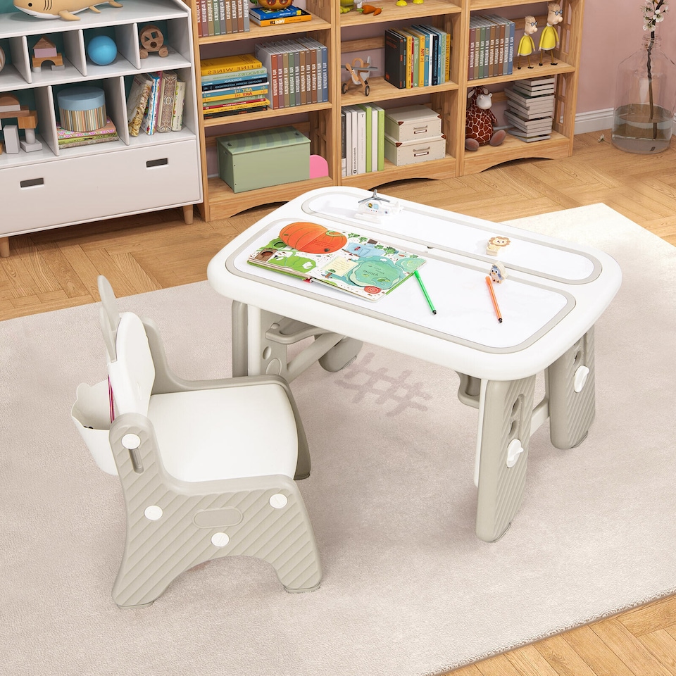 image 1 of COSTWAY Kids Drawing Table and Chair Set Grey