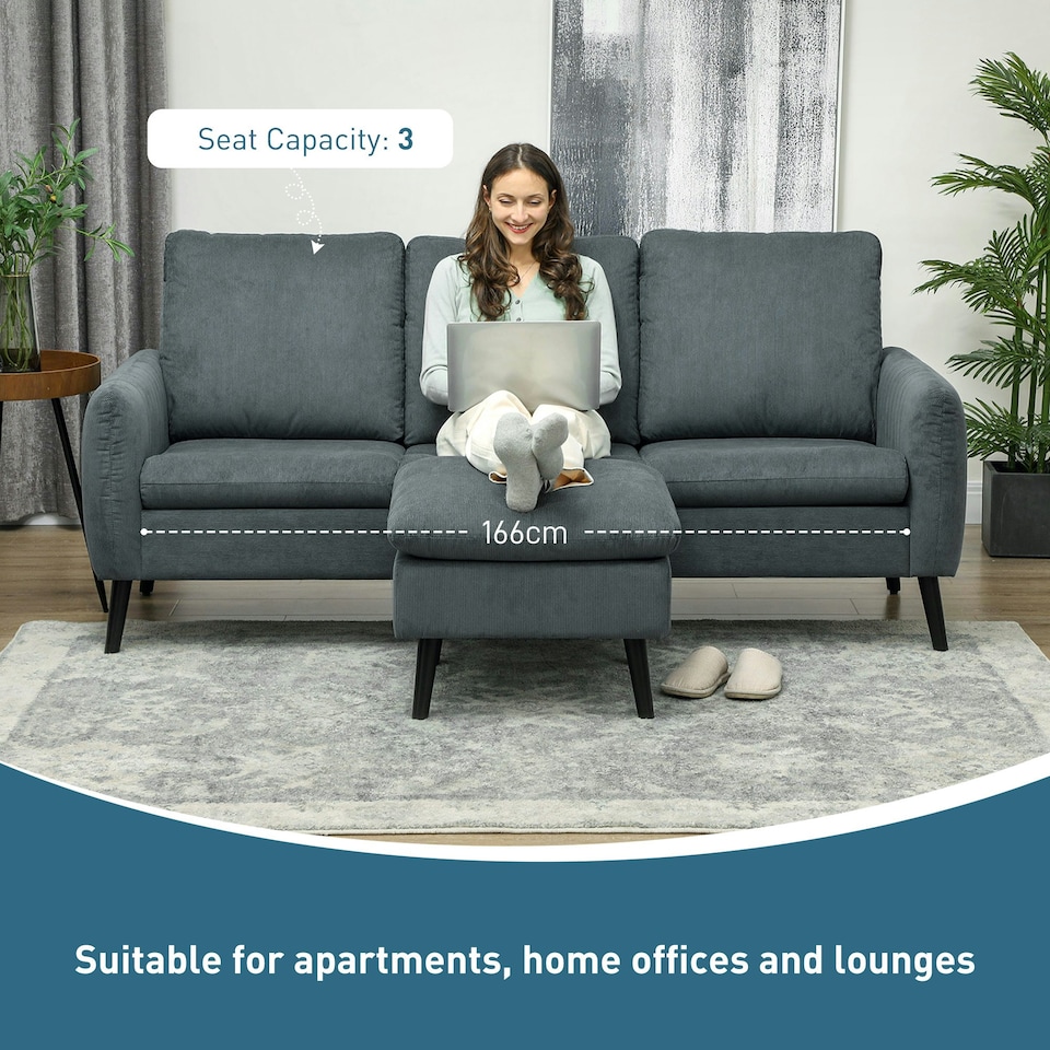 image 1 of HOMCOM 3 Seater Corner Sofa Couch Settee with Chaise Lounge, Charcoal Grey