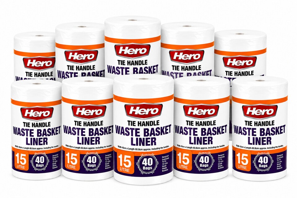 image 1 of Hero 15L White Tie Handle Bin Liners - Pack of 40 Small Waste Basket Bags for Bathroom, Bedroom, Office & Utility Bins