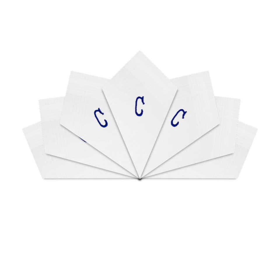 image 1 of Warwick & Vance 7 Pack Of Mens White Satin Bordered Handkerchiefs With & Blue Embroidered Initials, Letter C | White | C