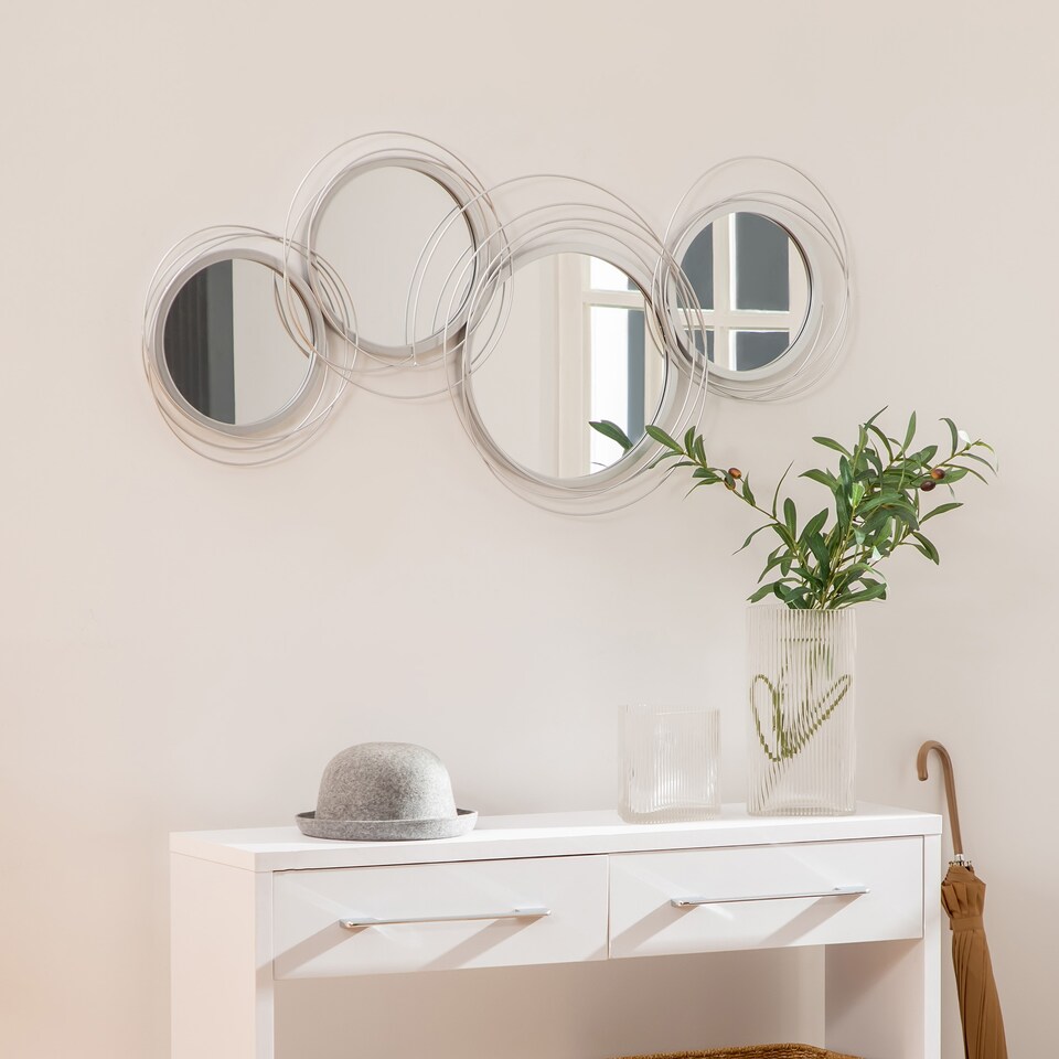 image 1 of HOMCOM Metal Wall Mirrors, 107cm Modern Decorative Silver Mirror Decor Hanging, Home Wall Sculptures for Living Room Bedroom Dining Room | Silver