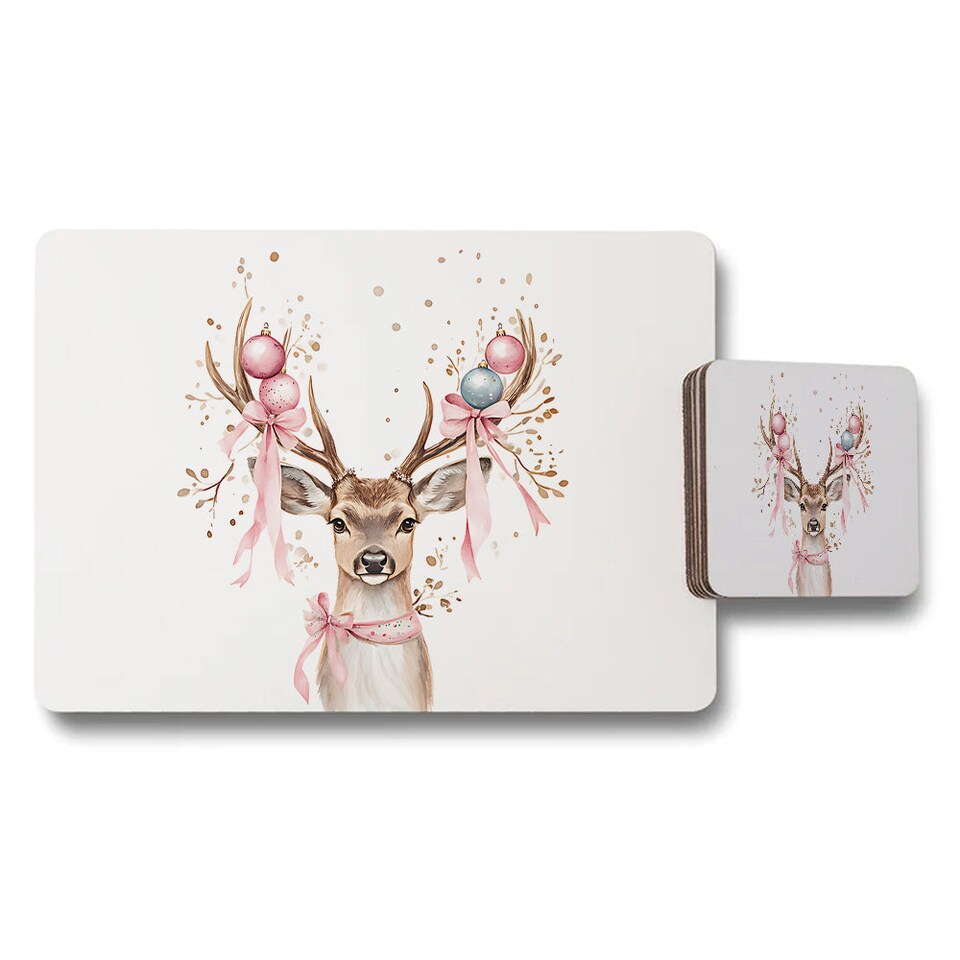 image 1 of Deer Head Christmas Placemats And Coaster Set With Pink Ribbons