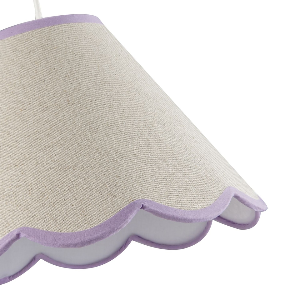 image 1 of Scallop Edge Natural Textured Linen Coolie Lamp Shade with Lilac Trims | Purple | Lilac | 1