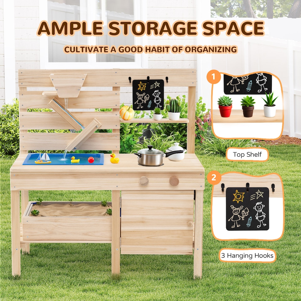 image 1 of COSTWAY Mud Kitchen Kids Outdoor Play Kitchen with Detachable Sandbox-Natural