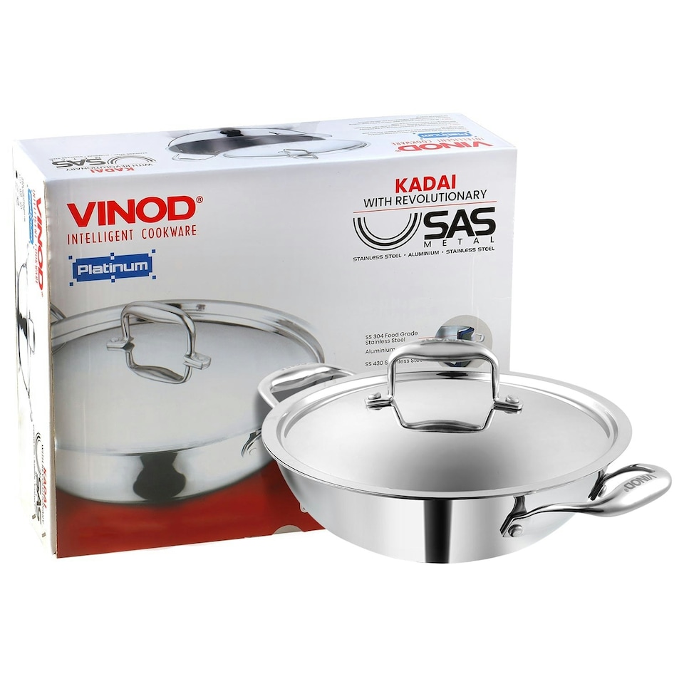 image 1 of Vinod Platinum Triply Stainless Steel Kadai with Lid 22 cm - 1.8 litre