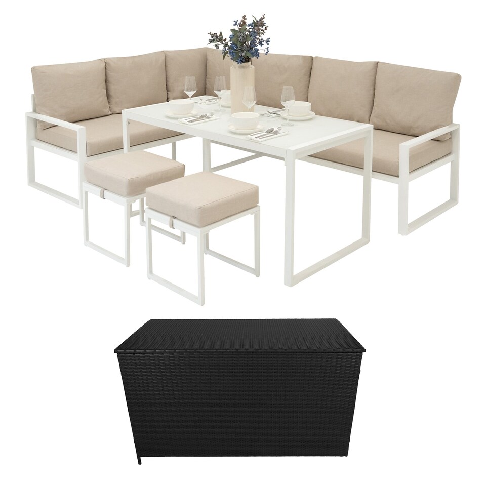 image 1 of Aluminium Corner Sofa Set With Black Rattan Storage Box - White