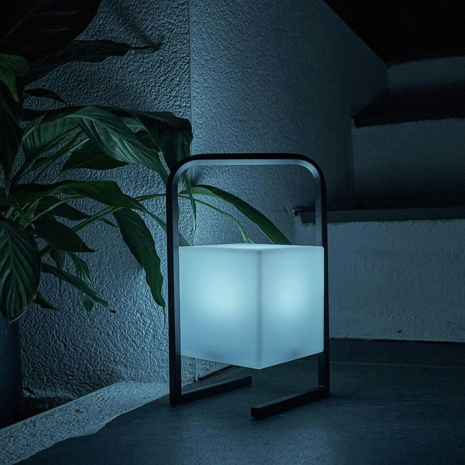 image 1 of ValueLights Corte Black Outdoor Table Lamp Dimmable With White Cube Shade